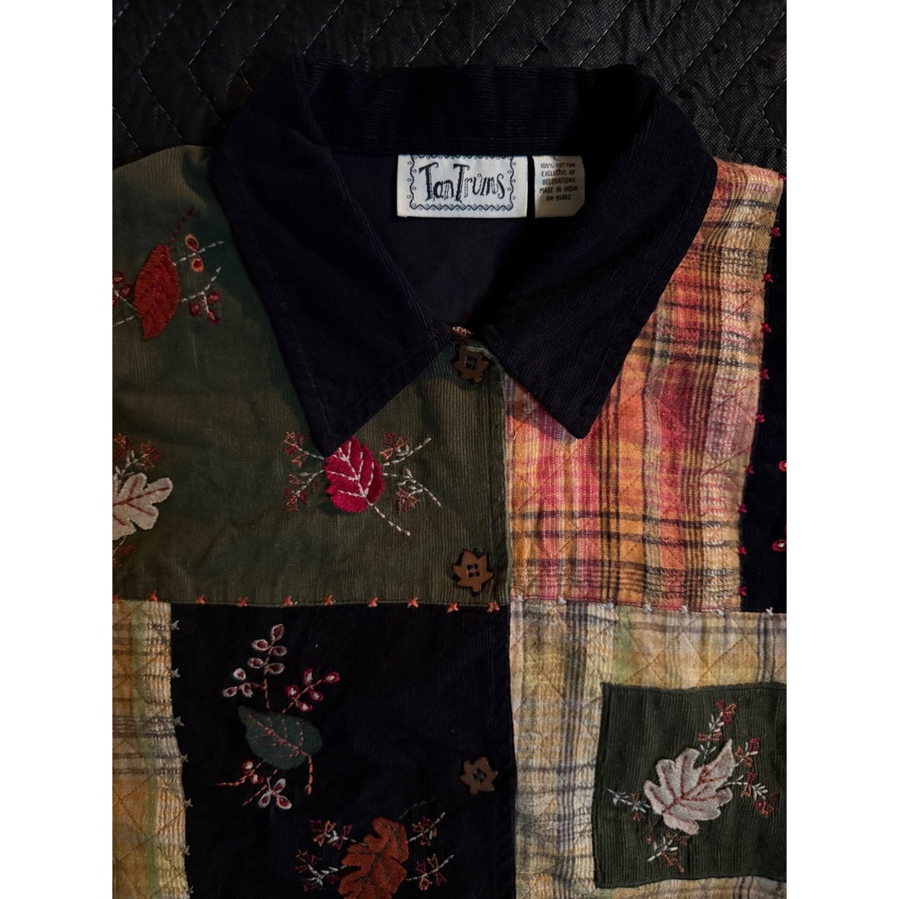 TanTrums Patchwork Embroidered Corduroy Shirt Womens Large Multicolor Fall Leaf - Picture 2 of 10